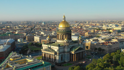 Saint Petersburg, Russia. Aerial drone view of the city center and St. Isaac's Cathedral at sunrise