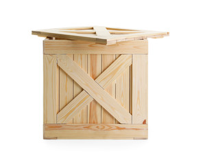 Open wooden crate with lid isolated on white