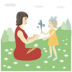 Obraz na płótnie Canvas mother with child on chamomile field