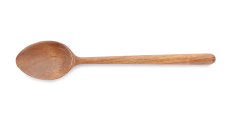 New clean wooden spoon isolated on white, top view