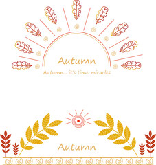 Minimalistic autumn frame, a semicircle with yellow, red leaves and geometric elements, symbols on a white background.