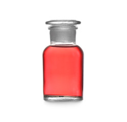 Glass bottle with color liquid isolated on white. Solution chemistry