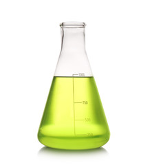 Erlenmeyer flask with color liquid isolated on white. Solution chemistry
