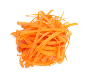 Pile of raw shredded carrot isolated on white, top view