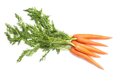 Bundle of ripe carrots isolated on white, top view