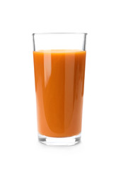 Glass of fresh carrot juice on white background