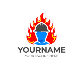 Fireman or firefighter in helmet comes out of flame or fire, logo design. Fire fighting and fire department, vector design and illustration