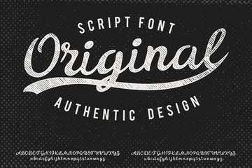 Original. Hand made script typeface. Vintage brush script. Retro vector illustration. Print for clothes. - obrazy, fototapety, plakaty