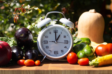 Times to Healthcare or Diet Food advisor show clock for timing care your health with healthy food and concept. Concept for healthy eating and nutrition. intermittent fasting diet