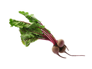 Bunch of fresh beets with leaves on white background