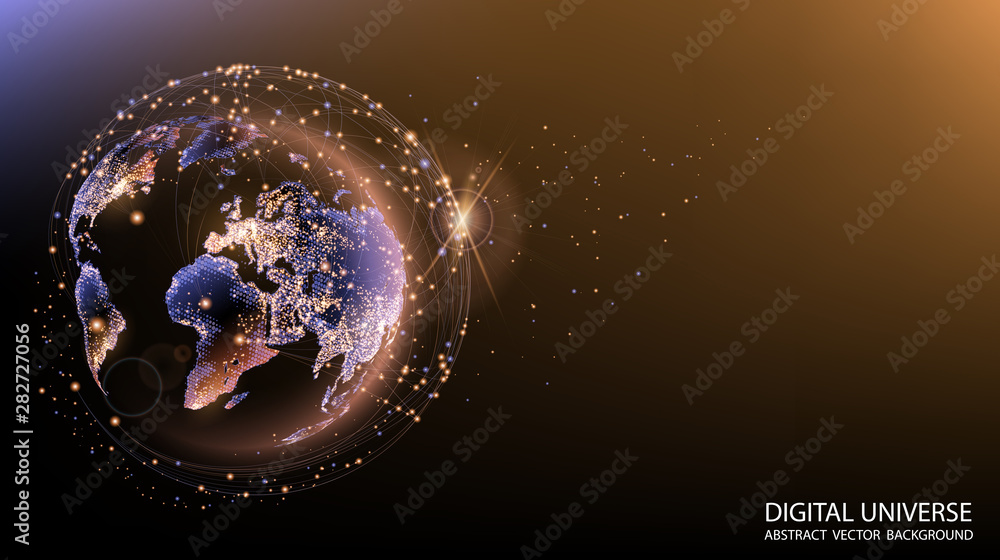 Poster vector. planet earth from space. flickering lights of cities. map of the mainland. global communicat