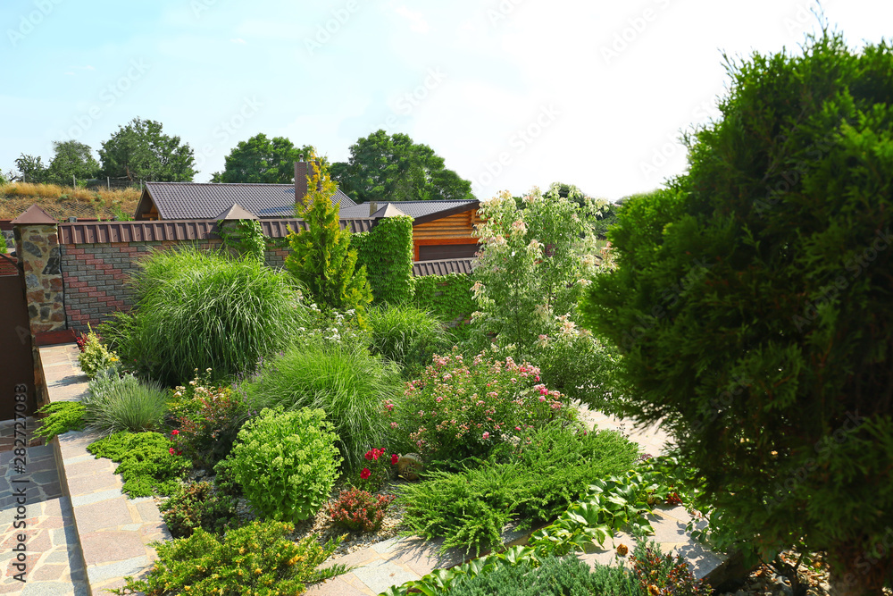 Wall mural Picturesque landscape with beautiful green garden on sunny day