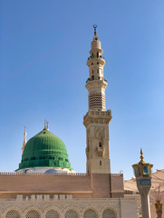 Medina, Saudi Arabia - March 22, 2018 : Exterior view of Nabawi Mosque (Prophet Mosque) building in Medina. Selective focus