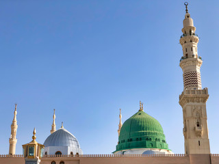 Medina, Saudi Arabia - March 22, 2018 : Exterior view of Nabawi Mosque (Prophet Mosque) building in Medina. Selective focus