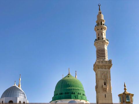 Medina, Saudi Arabia - March 22, 2018 : Exterior view of Nabawi Mosque (Prophet Mosque) building in Medina. Selective focus