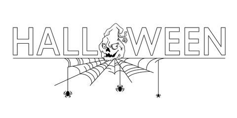 inscription Halloween with decorative design elements: Halloween pumpkins and cobwebs with spiders. Black on white. Vector