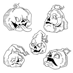 set of pumpkins with Halloween emotions: sad, surprised, angry, licking, grinning, showing tongue. Sketch. Vector