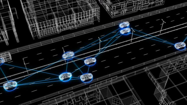 Beautiful Illustration Control System Working on Abstract Highway Traffic Connecting All Cars in Digital Network Seamless. Looped 3d Animation of Futuristic Surveillance System. 4k Ultra HD 3840x2160.