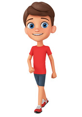 Character guy in red T-shirt walks on a white background. 3d rendering. Illustration for advertising.