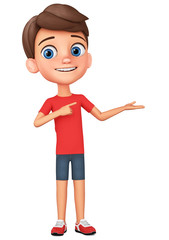 Cartoon character guy in the red shirt points to an empty hand. 3d rendering. Illustration for advertising.