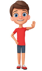 Cartoon character guy shows hand stop on a white background. 3d rendering. Illustration for advertising.