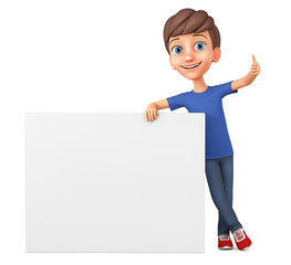 Character cartoon guy leaned against a blank board and shows thumb up. 3d rendering. Illustration for advertising.