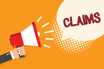 Writing note showing Claims. Business photo showcasing state or assert that something is case without providing evidence Man holding megaphone loudspeaker bubble orange background halftone