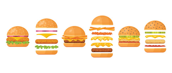 Vector ingredients for classic burger isolated on white. Ingredients: bun, cutlet, cheese, bacon, sauce, buns, tomato, onion, cucumbers, beefs ham. Fast food ingredient for burgers. - obrazy, fototapety, plakaty