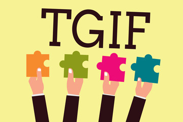 Writing note showing Tgif. Business photo showcasing American family oriented show Friday Madness Celebration Rest day.