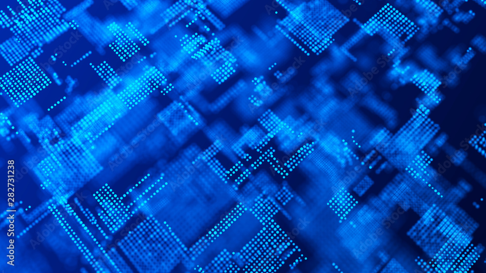 Poster Digital background whith matrix. Blue technology background of many particles. 3d rendering.