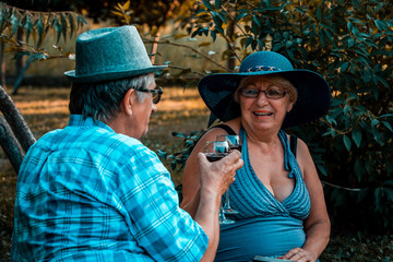 Senior couple drinking wine and enjoying together on a picnic