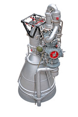 Obraz na płótnie Canvas space rocket engine isolated on white background top down perspective view of jet fuel power device for missile with silver body gas exhaust pipes exterior design vertical reference photo