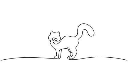 Cat standing with curled tail line drawing
