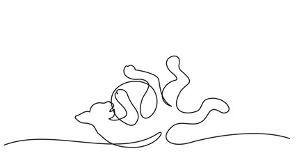 Cat playing with a ball one line drawing