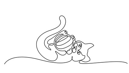 Cat playing with a ball one line drawing