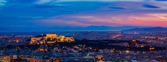 Fotobehang Athene Panorama Athene, Griekenland, in de schemering