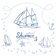 Hand-drawn schooners and graphic elements on the theme of the sea and sailing. Vector black and white sketch