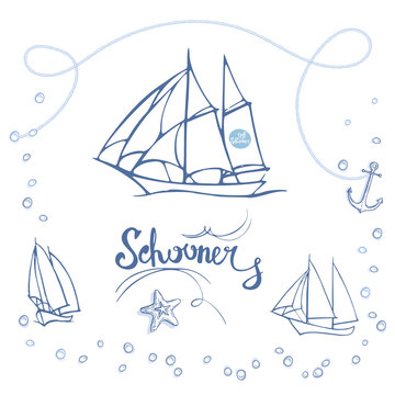 Hand-drawn schooners and graphic elements on the theme of the sea and sailing. Vector black and white sketch