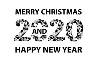 Christmas card with calligraphic text over white background. Merry Christmas and Happy new year 2020 text on greeting card. Vector illustration.
