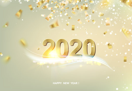 Happy new year card over gray background with golden confetti. Text sign 2020 year. Vector illustration.
