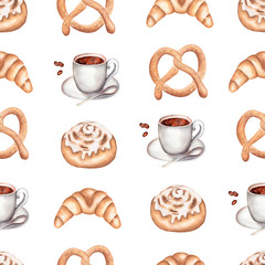 Coffee,croissant, tze cinnamon bun and Pretzel illustrations. Seamless watercolor pastry pattern. yand drawn bakery background.