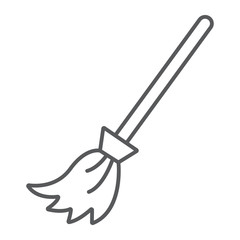 Witch broom thin line icon, halloween and magic, brush sign, vector graphics, a linear pattern on a white background.