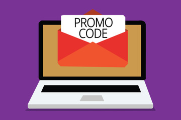 Handwriting text writing Promo Code. Concept meaning digital numbers that give you good discount on certain product Computer receiving email important message envelope with paper virtual
