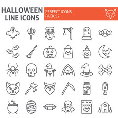 Halloween line icon set, horror symbols collection, vector sketches, logo illustrations, creepy holiday signs linear pictograms package isolated on white background.