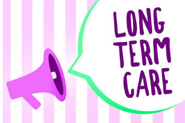 Text sign showing Long Term Care. Conceptual photo Adult medical nursing Healthcare Elderly Retirement housing Megaphone loudspeaker stripes background important message speech bubble