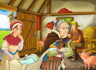 Obraz na płótnie Canvas Cartoon scene with farmer rancher or disguised prince and woman or wife and older witch or sorceress in the barn pigsty illustration for children