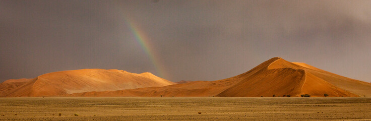 Fototapeta na wymiar Rainbow shines over a sand dune in the desert