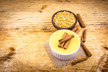 Curau, jimbelê or hominy is a typical delicacy of Brazilian cuisine. Pamonha and Curau trolley sale - typical green corn foods - tasty and cheap - typical and popular street food.