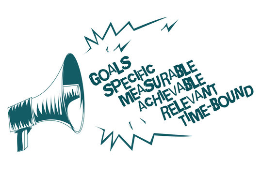 Text sign showing Goals Specific Measurable Achievable Relevant Time Bound. Conceptual photo Strategy Mission Gray megaphone loudspeaker important message screaming speaking loud