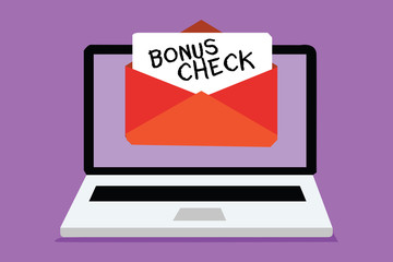 Fototapeta premium Word writing text Bonus Check. Business concept for something in addition to what is expected or strictly due Computer receiving email important message envelope with paper virtual